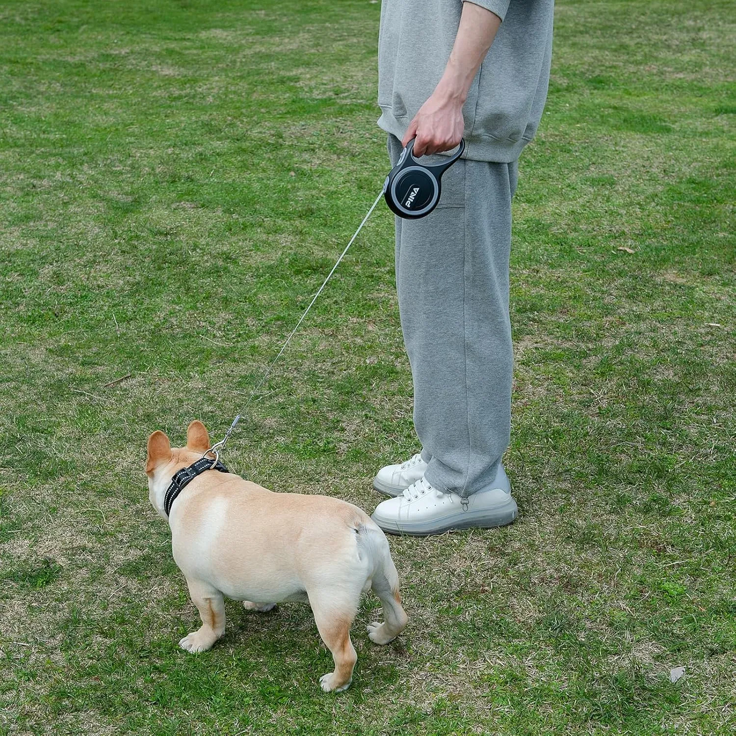 PINA Retractable Dog Leash, 26ft Dog Leash for Small Medium Large Dogs Up to 110lbs, 360 Tangle-Free Strong Reflective Nylon Tape, with Anti-Slip Handle, One-Handed Brake, Lock - Black Gray