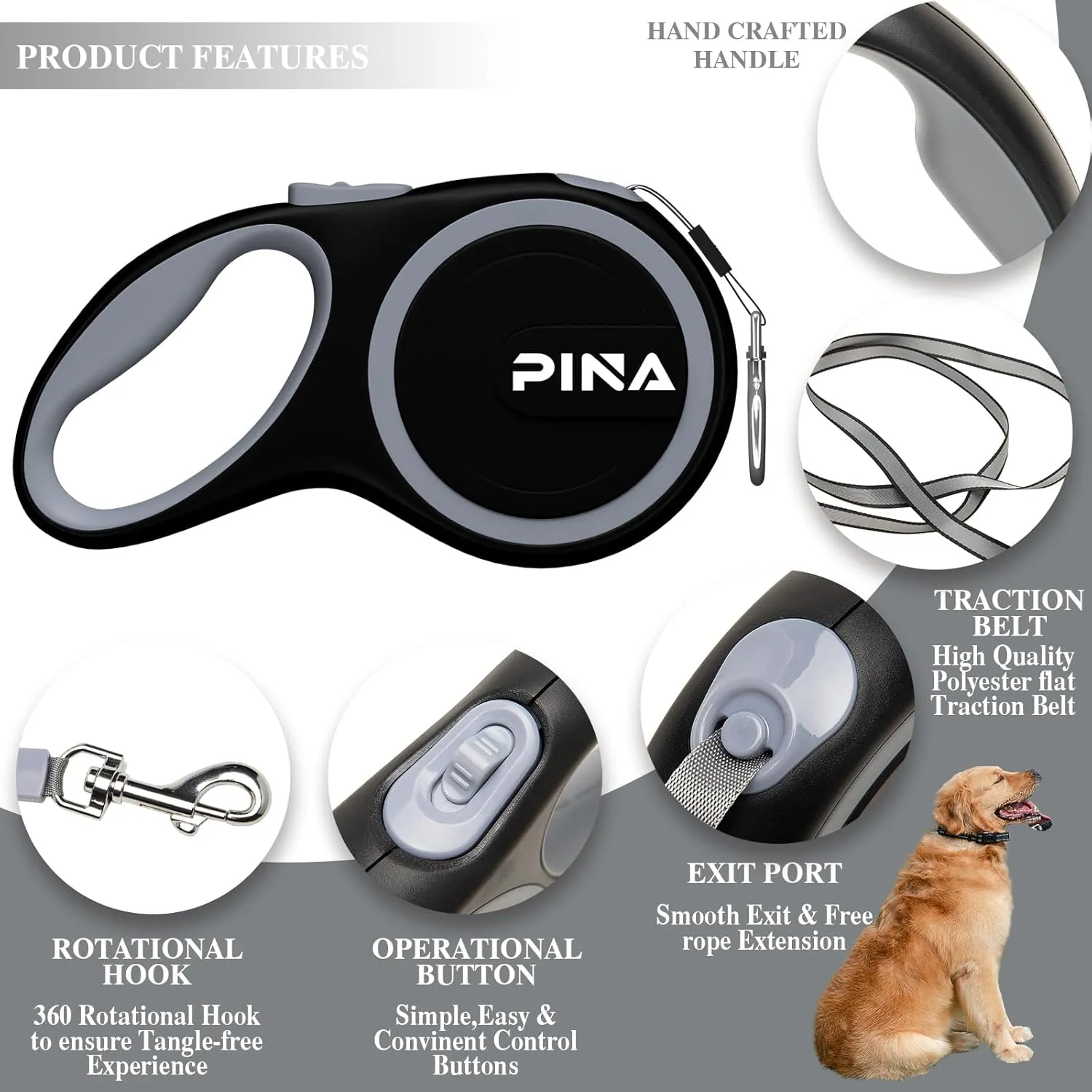 PINA Retractable Dog Leash, 26ft Dog Leash for Small Medium Large Dogs Up to 110lbs, 360 Tangle-Free Strong Reflective Nylon Tape, with Anti-Slip Handle, One-Handed Brake, Lock - Black Gray
