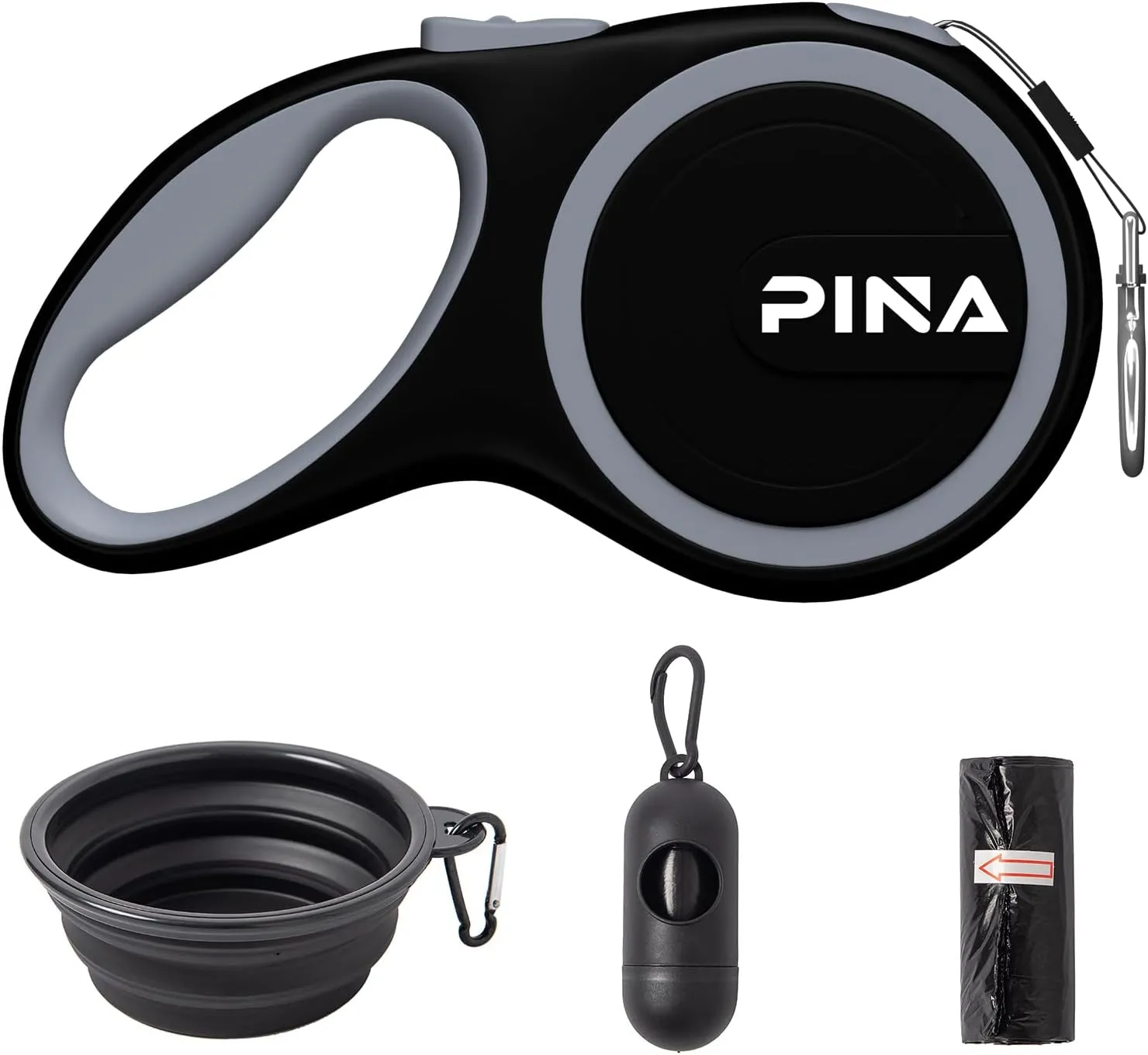 PINA Retractable Dog Leash, 26ft Dog Leash for Small Medium Large Dogs Up to 110lbs, 360 Tangle-Free Strong Reflective Nylon Tape, with Anti-Slip Handle, One-Handed Brake, Lock - Black Gray