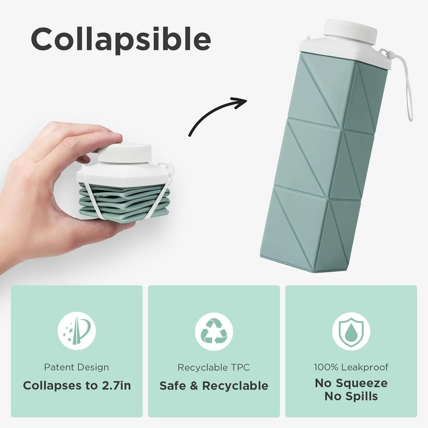 POMKAKA Collapsible Water Bottles 24.3oz(720ml), 2nd Generation Leakproof BPA-Free Travel Water Bottle,Lightweight Reusable Water bottle for Cycling Gym Camping Sports,Sage Green