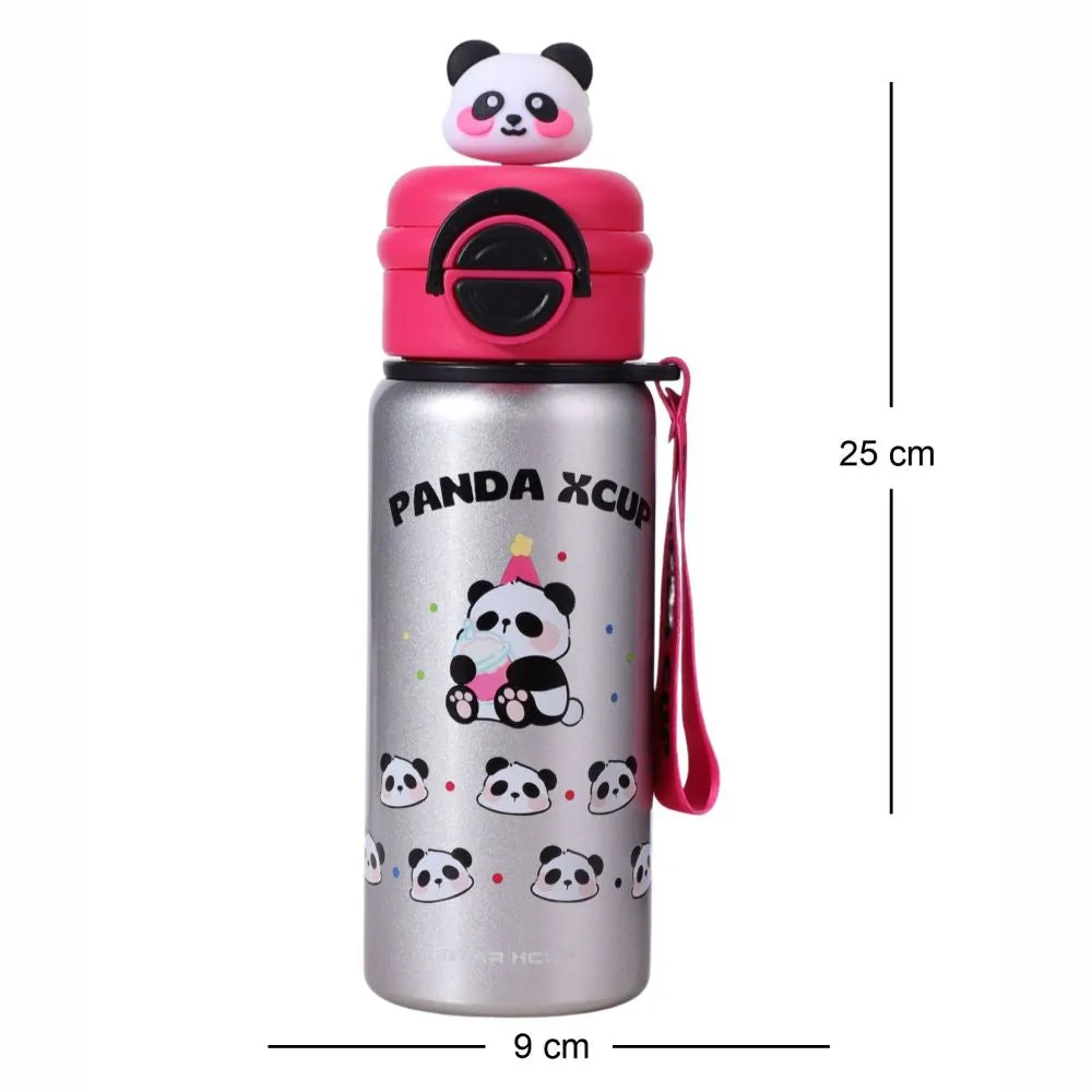 Silver Pink 3d Panda Stainless Steel Kids Water Bottle, 550ml
