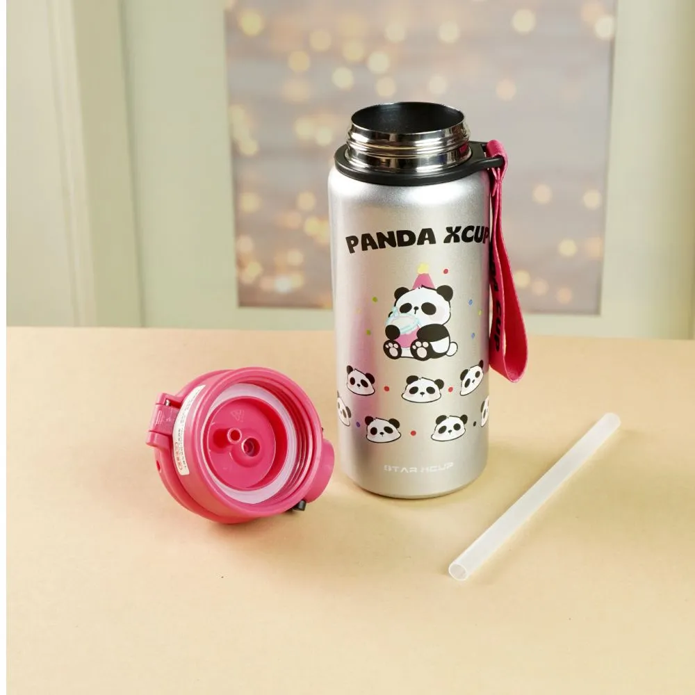 Silver Pink 3d Panda Stainless Steel Kids Water Bottle, 550ml