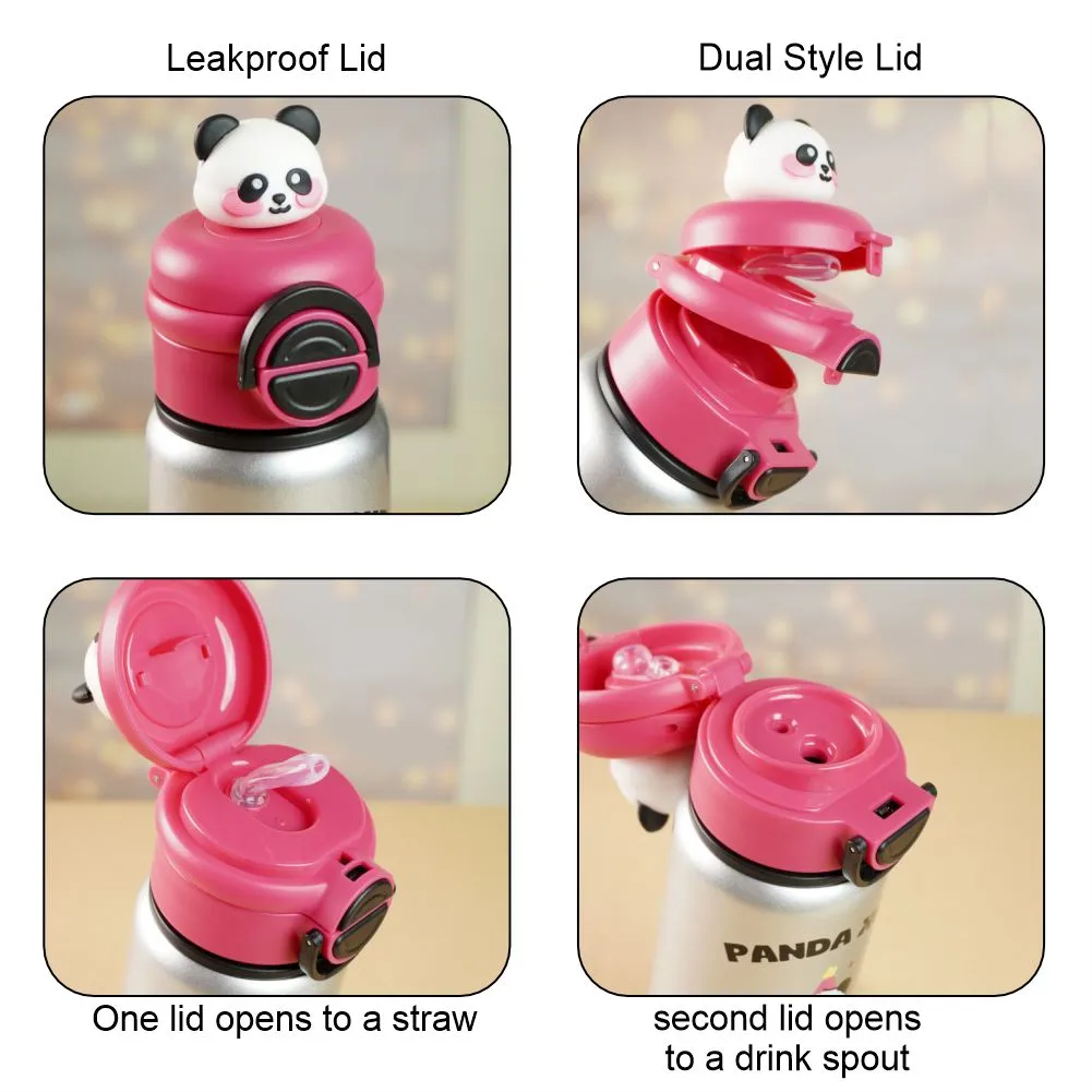 Silver Pink 3d Panda Stainless Steel Kids Water Bottle, 550ml