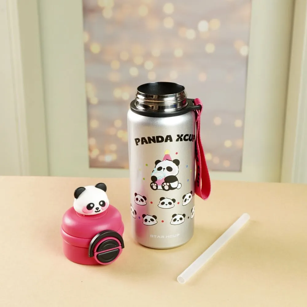 Silver Pink 3d Panda Stainless Steel Kids Water Bottle, 550ml