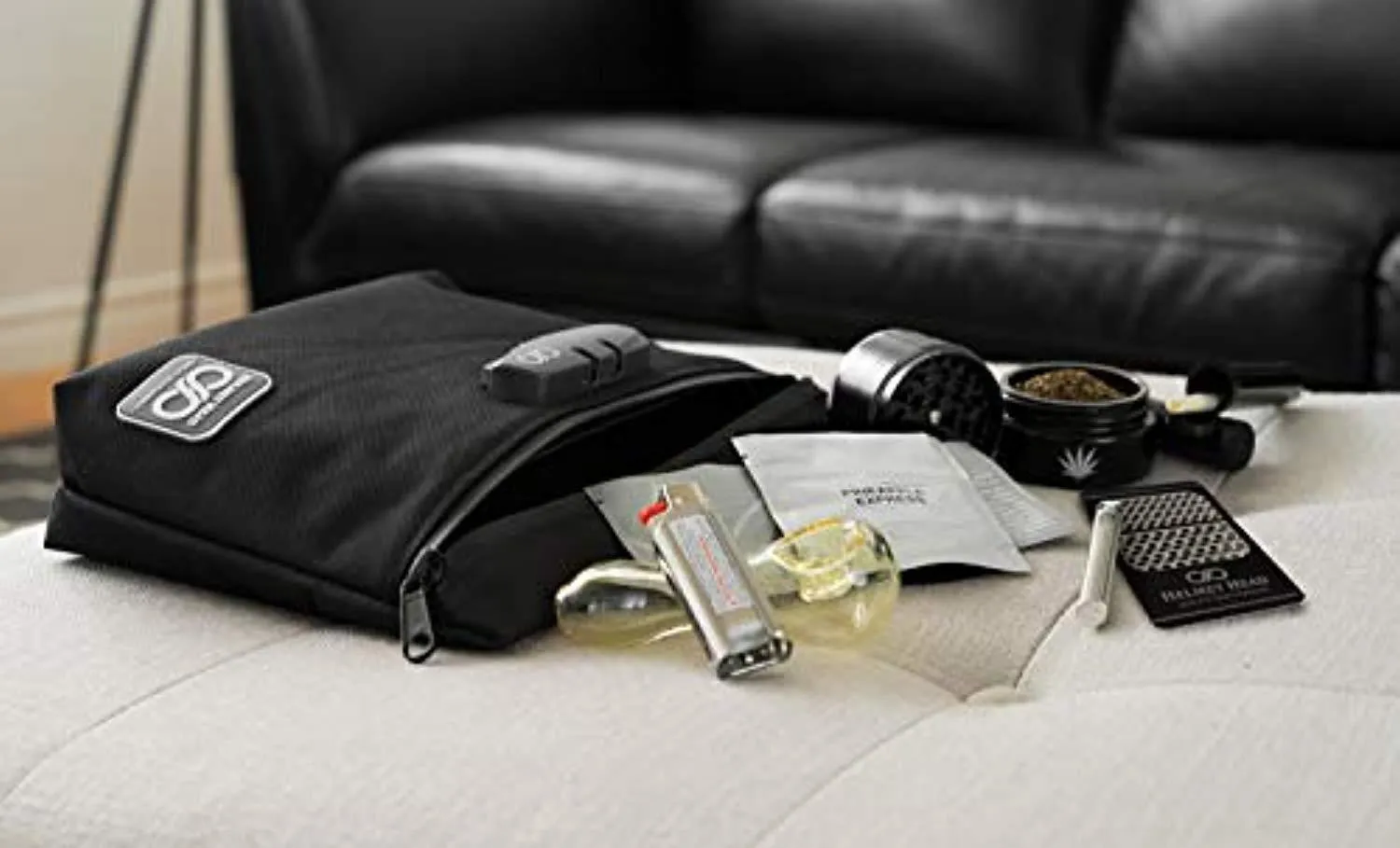 Smell Proof Bag   Grinder Card | Durable Water Resistant Stash Bag W/Combination Lock & Inside Pouches for Your Herbs & Smelly Smoking Accessories: Pipe, Vape, Rolling Papers - 11x7.5x2.5