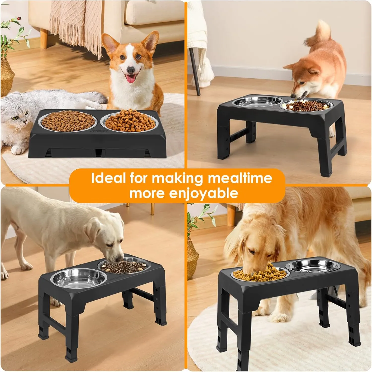 URPOWER Elevated Dog Bowls 4 Height Adjustable Raised Dog Bowl with 2 Stainless Steel Food and Water Bowls Non-Slip Bowl Stand Adjusts to 3.2,8.7,10.2,11.8for Small Medium Large Dogs and Pets