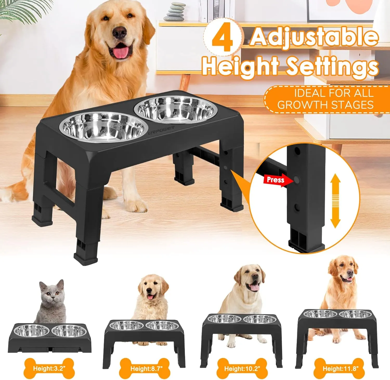 URPOWER Elevated Dog Bowls 4 Height Adjustable Raised Dog Bowl with 2 Stainless Steel Food and Water Bowls Non-Slip Bowl Stand Adjusts to 3.2,8.7,10.2,11.8for Small Medium Large Dogs and Pets