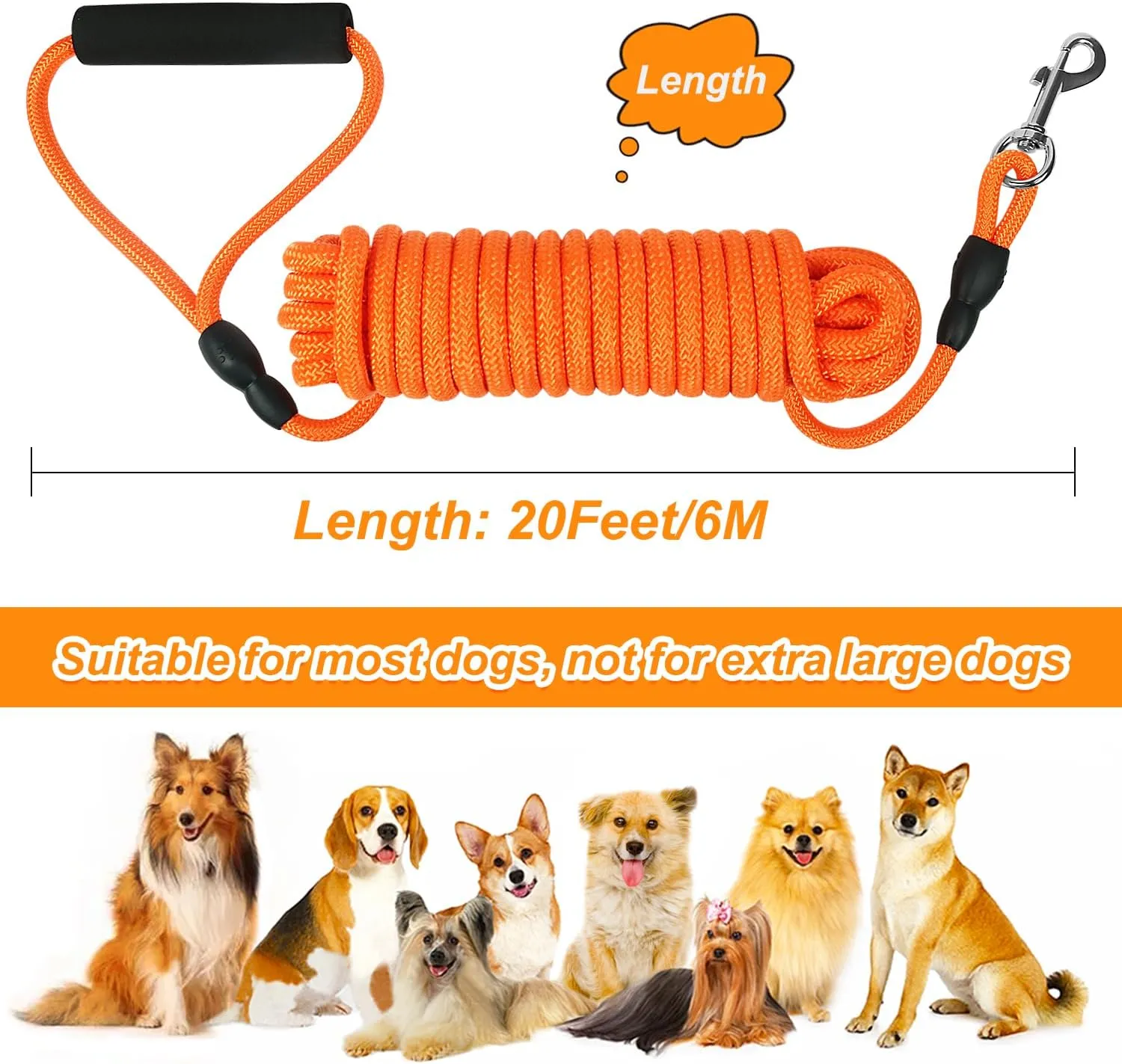 Vivifying 20FT Floating Long Dog Training Leash, Lightweight Check Cord Rope with Comfortable Handle for Outside, Hiking, Swimming, Beach and Lake