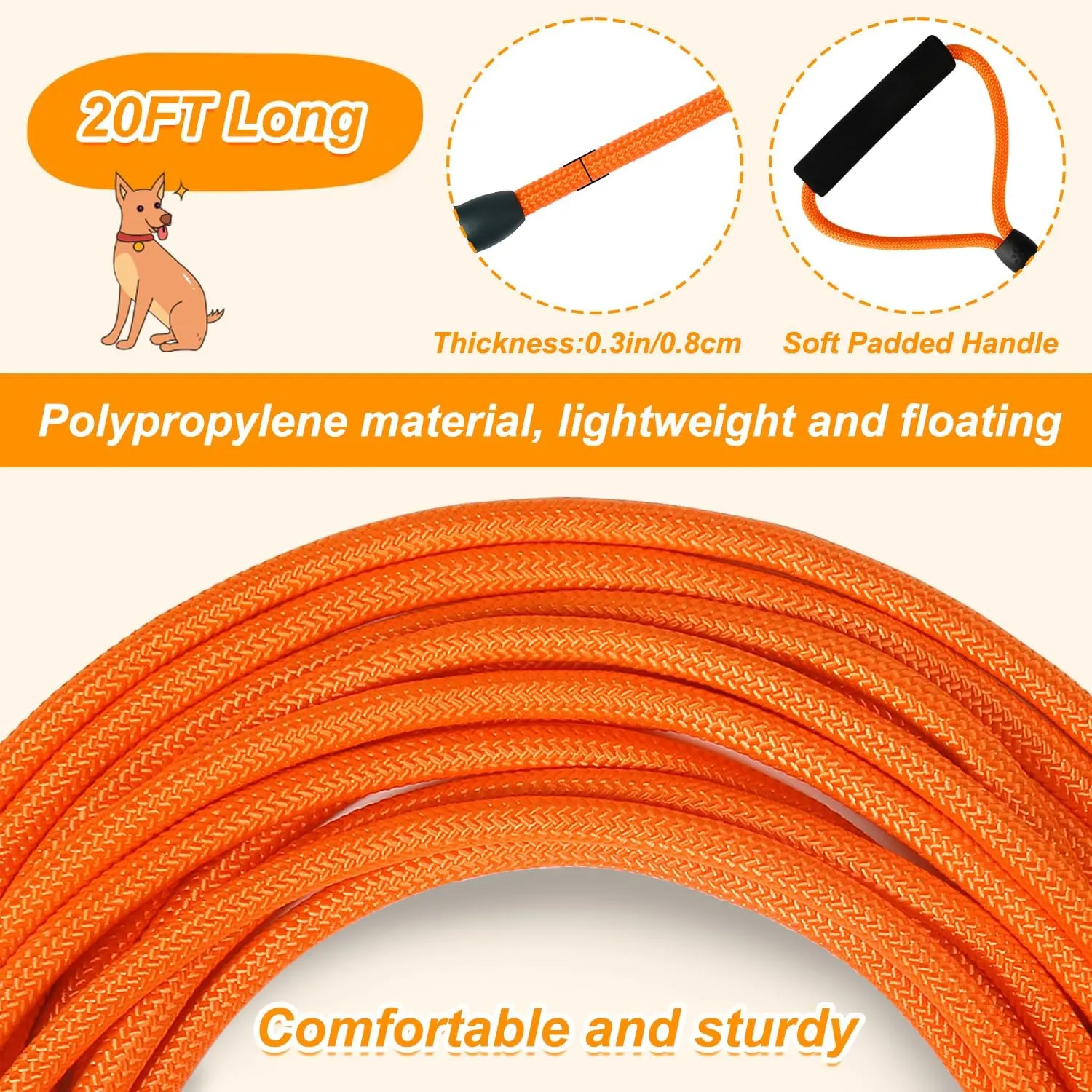 Vivifying 20FT Floating Long Dog Training Leash, Lightweight Check Cord Rope with Comfortable Handle for Outside, Hiking, Swimming, Beach and Lake