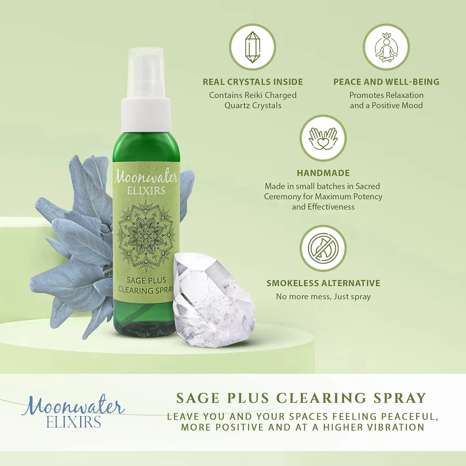 White Sage Smudge Spray for Spiritual Cleansing & Aura Protection, Sage Mist for Cleansing Negative Energy & Protection, Home & Meditation, Clear Quartz Reiki Energized Aromatherapy Room Spray - 4oz