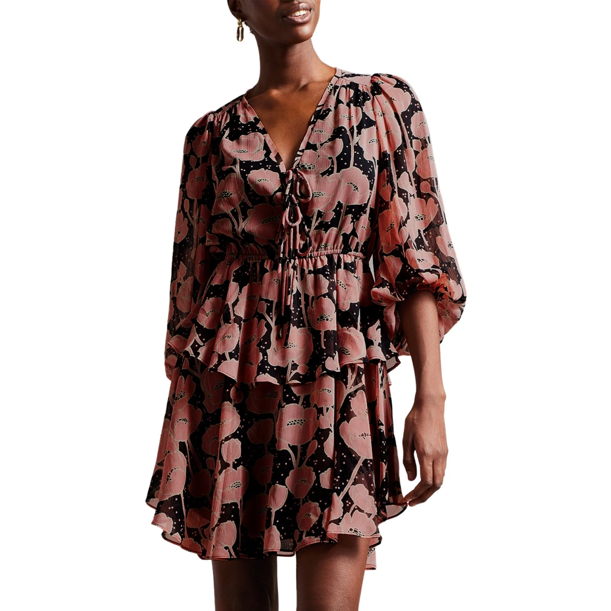 Women Wmd-Priana-V Neck Printed Tie Front Mini Dress - Black