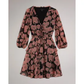 Women Wmd-Priana-V Neck Printed Tie Front Mini Dress - Black