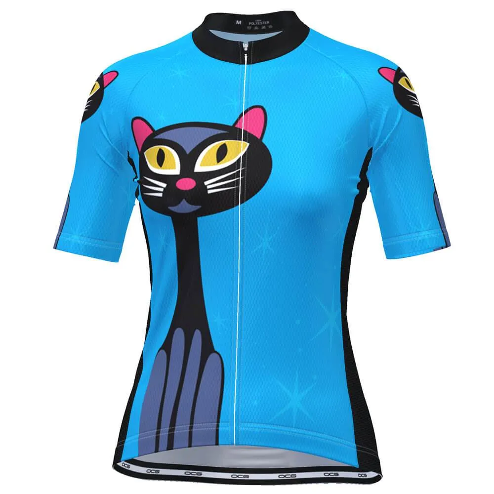 Women's Starry Night Cat Blue Short Sleeve Cycling Jersey