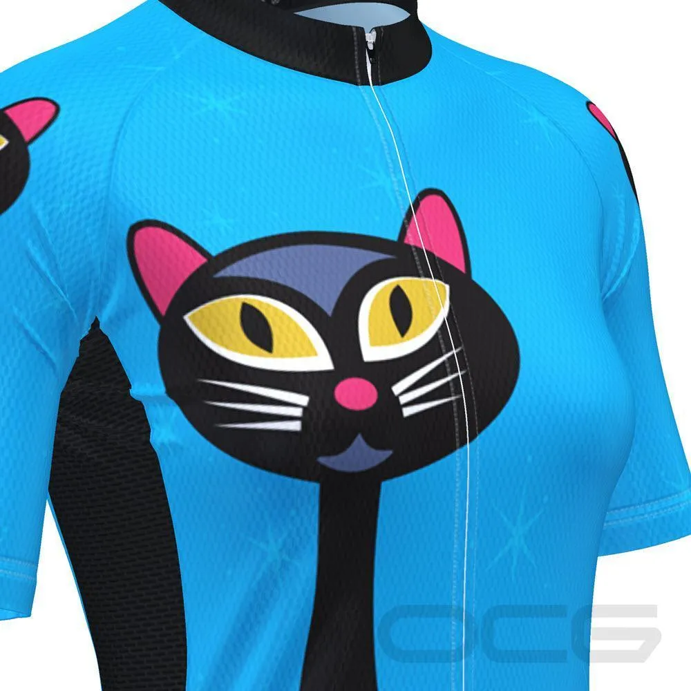 Women's Starry Night Cat Blue Short Sleeve Cycling Jersey