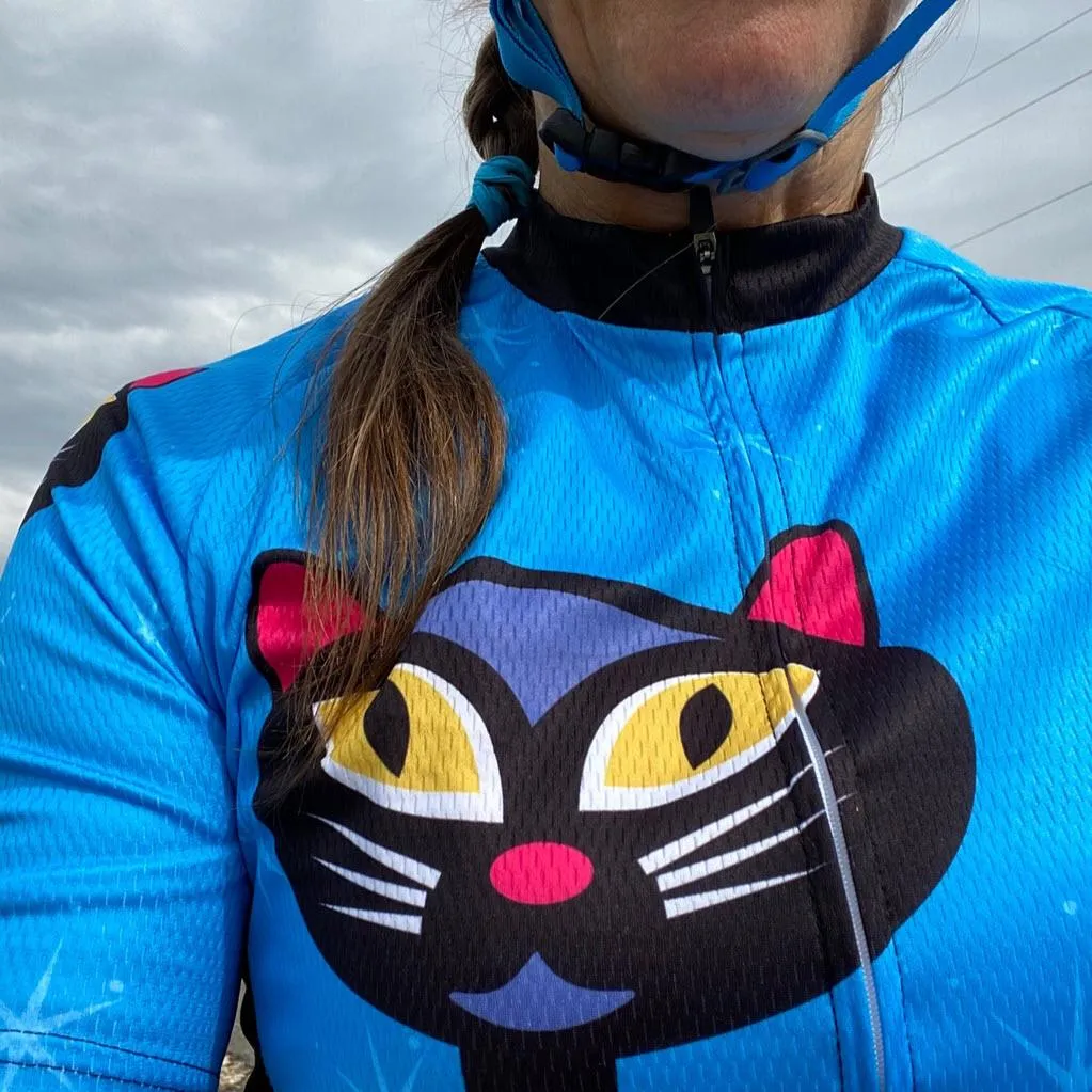 Women's Starry Night Cat Blue Short Sleeve Cycling Jersey