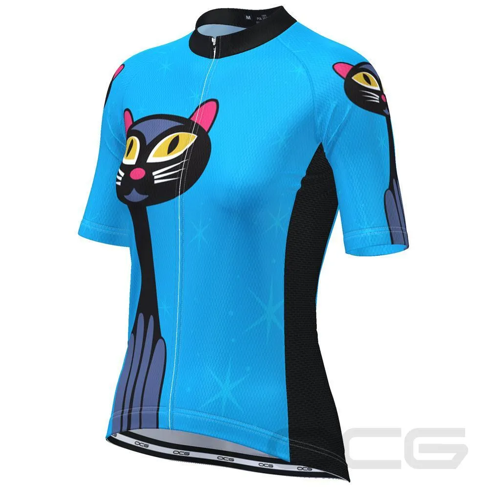 Women's Starry Night Cat Blue Short Sleeve Cycling Jersey