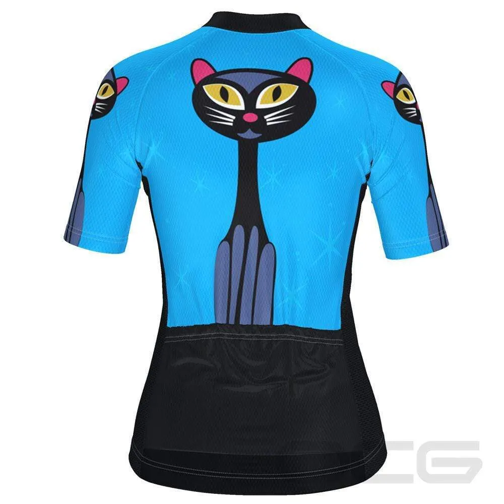 Women's Starry Night Cat Blue Short Sleeve Cycling Jersey